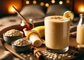 A creamy oat-banana smoothie in a glass with a smooth, light golden hue, surrounded by a peeled banana, a small dish of rolled oats, a sprinkle of cinnamon, and a drizzle of honey. The cozy, sleep-friendly ambiance with warm lighting enhances relaxation.