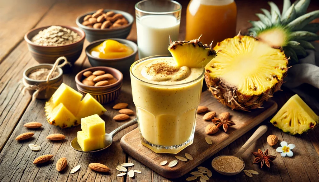 A rich golden-yellow pineapple-almond smoothie in a glass, garnished with nutmeg, surrounded by fresh pineapple chunks, almond butter, Greek yogurt, oat milk, honey, and nutmeg on a wooden countertop.