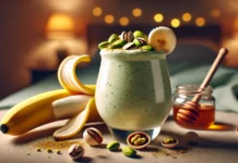 A creamy pistachio and banana smoothie in a glass with a light green hue, surrounded by shelled pistachios, a peeled banana, a sprinkle of cinnamon, and a drizzle of honey. The warm, sleep-friendly ambiance with soft lighting enhances relaxation before bedtime.