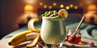 A creamy pistachio and banana smoothie in a glass with a light green hue, surrounded by shelled pistachios, a peeled banana, a sprinkle of cinnamon, and a drizzle of honey. The warm, sleep-friendly ambiance with soft lighting enhances relaxation before bedtime.