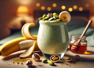 A creamy pistachio and banana smoothie in a glass with a light green hue, surrounded by shelled pistachios, a peeled banana, a sprinkle of cinnamon, and a drizzle of honey. The warm, sleep-friendly ambiance with soft lighting enhances relaxation before bedtime.