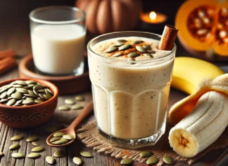 A creamy pumpkin seed banana smoothie in a clear glass, garnished with a sprinkle of pumpkin seeds and cinnamon. The smoothie sits on a rustic wooden table with a peeled banana, a small bowl of pumpkin seeds, and a glass of almond milk, creating a warm, cozy nighttime ambiance.