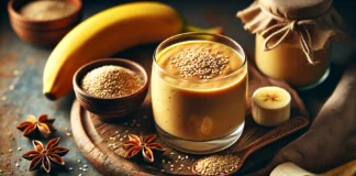 A creamy, naturally sweet smoothie in a glass, featuring sesame seeds, banana, and nutmeg. The smoothie has a rich, golden hue with a smooth texture, served on a rustic wooden table with a small bowl of sesame seeds and a sliced banana nearby. The setting has warm, soft lighting to evoke a calming nighttime ambiance.