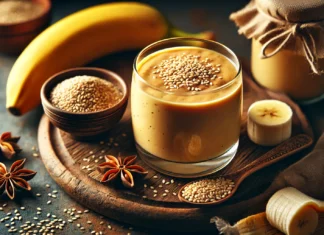 A creamy, naturally sweet smoothie in a glass, featuring sesame seeds, banana, and nutmeg. The smoothie has a rich, golden hue with a smooth texture, served on a rustic wooden table with a small bowl of sesame seeds and a sliced banana nearby. The setting has warm, soft lighting to evoke a calming nighttime ambiance.
