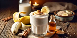 A creamy valerian-banana smoothie in a clear glass, garnished with a sprinkle of cinnamon and a banana slice. The smoothie sits on a rustic wooden table with a halved banana, a small bottle of valerian root extract, and a glass of oat milk, creating a warm and cozy nighttime ambiance.