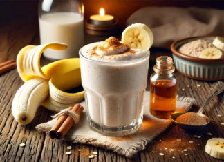 A creamy valerian-banana smoothie in a clear glass, garnished with a sprinkle of cinnamon and a banana slice. The smoothie sits on a rustic wooden table with a halved banana, a small bottle of valerian root extract, and a glass of oat milk, creating a warm and cozy nighttime ambiance.