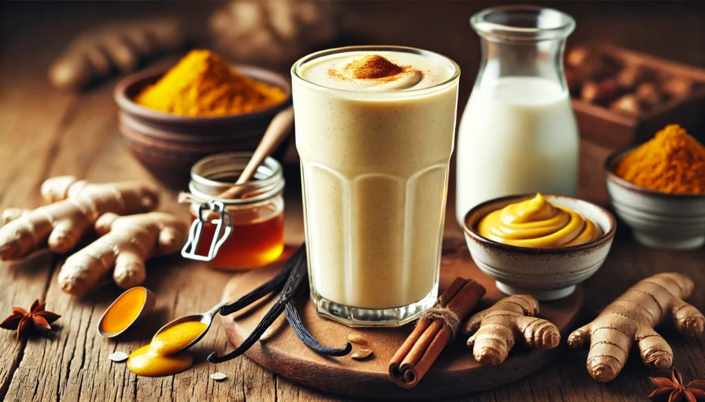 A tall glass of Creamy Vanilla Turmeric Recovery Smoothie with a soft golden hue, garnished with a light sprinkle of cinnamon and a swirl of honey. Surrounding the smoothie are a small bowl of almond butter, a vanilla bean pod, a scoop of oat milk, and fresh turmeric root on a wooden table, creating a cozy, inflammation-fighting recovery drink.