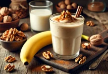 A creamy walnut banana smoothie in a clear glass, garnished with crushed walnuts and a dash of cinnamon. The smoothie sits on a rustic wooden table with a peeled banana, a small bowl of walnuts, and a glass of almond milk, creating a warm and cozy nighttime ambiance.