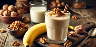 A creamy walnut banana smoothie in a clear glass, garnished with crushed walnuts and a dash of cinnamon. The smoothie sits on a rustic wooden table with a peeled banana, a small bowl of walnuts, and a glass of almond milk, creating a warm and cozy nighttime ambiance.