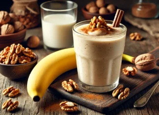 A creamy walnut banana smoothie in a clear glass, garnished with crushed walnuts and a dash of cinnamon. The smoothie sits on a rustic wooden table with a peeled banana, a small bowl of walnuts, and a glass of almond milk, creating a warm and cozy nighttime ambiance.