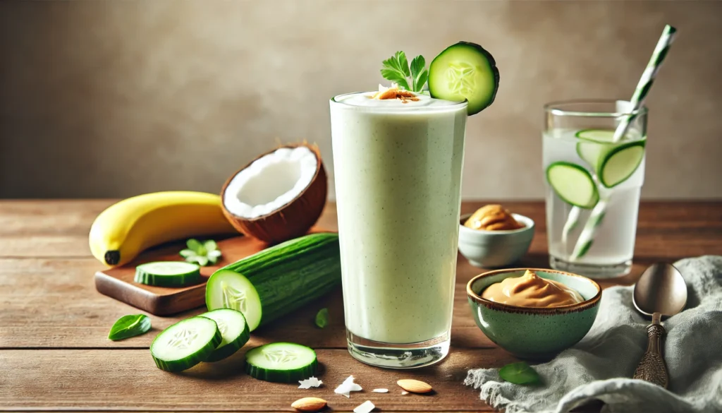 A tall glass of Cucumber-Coconut Cream Smoothie with a creamy pale green texture, garnished with a cucumber slice and a drizzle of honey. Surrounding the smoothie are fresh cucumber slices, a small bowl of almond butter, half a banana, and a glass of coconut water on a wooden table, evoking a soft and nourishing hydration-focused setting.