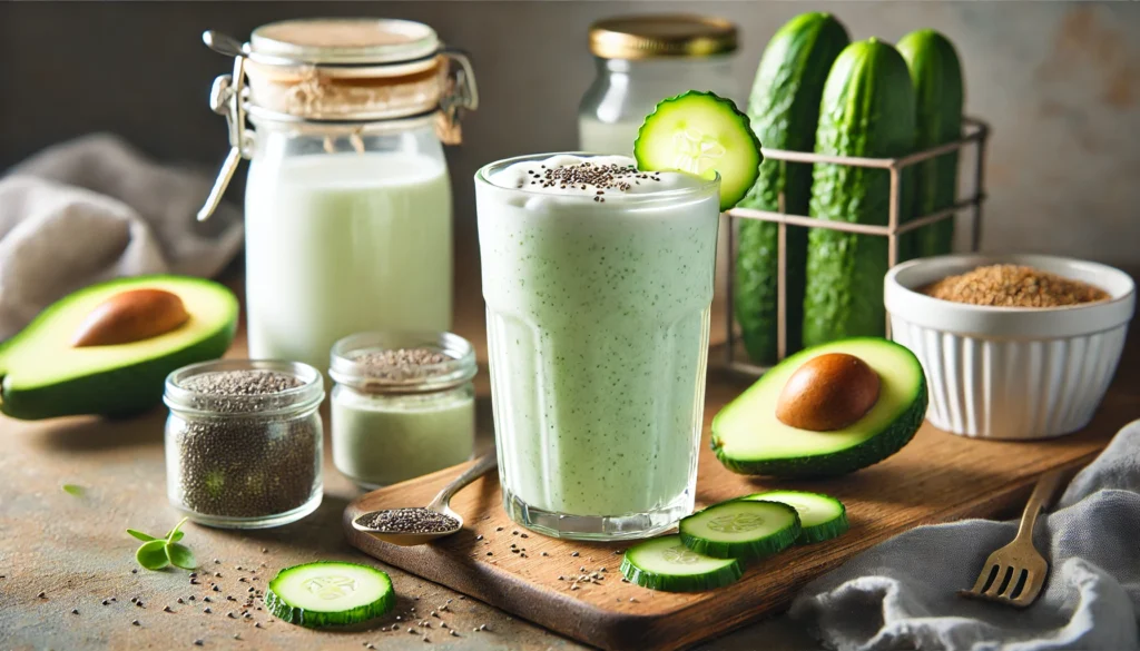 A refreshing cucumber and kefir smoothie in a tall glass, with a pale green color and a creamy, frothy texture. Garnished with a thin cucumber slice on the rim and a sprinkle of chia seeds. The background features a jar of pickled cucumbers, a small bowl of plain kefir, and a halved avocado on a wooden surface, emphasizing probiotic and gut-healing benefits.