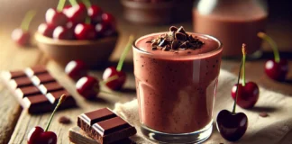 A rich, creamy smoothie featuring dark chocolate and tart cherry juice. The smoothie has a deep chocolate hue, garnished with dark chocolate shavings, and is surrounded by fresh cherries, dark chocolate pieces, and a banana on a wooden table. The soft, warm lighting creates a cozy and relaxing ambiance.