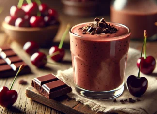 A rich, creamy smoothie featuring dark chocolate and tart cherry juice. The smoothie has a deep chocolate hue, garnished with dark chocolate shavings, and is surrounded by fresh cherries, dark chocolate pieces, and a banana on a wooden table. The soft, warm lighting creates a cozy and relaxing ambiance.