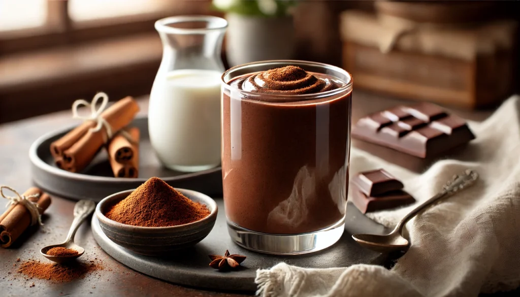 A rich dark chocolate Greek yogurt smoothie in a glass with a deep chocolate hue, surrounded by a small dish of Greek yogurt, cocoa powder, a sprinkle of cinnamon, and a drizzle of maple syrup. The cozy yet energizing morning ambiance with soft natural lighting enhances focus and mood.