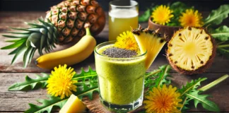 A detoxifying dandelion and pineapple smoothie in a clear glass, featuring a vibrant yellow-green color with a smooth texture. Garnished with a fresh pineapple wedge and a sprinkle of chia seeds. The background includes a small bunch of dandelion greens, fresh pineapple chunks, a banana, and a glass of coconut water on a rustic wooden surface, highlighting digestive-supporting ingredients and detoxifying benefits.