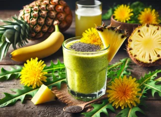 A detoxifying dandelion and pineapple smoothie in a clear glass, featuring a vibrant yellow-green color with a smooth texture. Garnished with a fresh pineapple wedge and a sprinkle of chia seeds. The background includes a small bunch of dandelion greens, fresh pineapple chunks, a banana, and a glass of coconut water on a rustic wooden surface, highlighting digestive-supporting ingredients and detoxifying benefits.