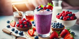 A vibrant berry Greek yogurt smoothie in a glass with a rich purple hue, surrounded by fresh mixed berries (blueberries, raspberries, strawberries), a small dish of Greek yogurt, flaxseeds, and a drizzle of honey. The bright and refreshing morning ambiance with soft natural lighting enhances energy and vitality.