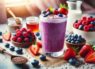 A vibrant berry Greek yogurt smoothie in a glass with a rich purple hue, surrounded by fresh mixed berries (blueberries, raspberries, strawberries), a small dish of Greek yogurt, flaxseeds, and a drizzle of honey. The bright and refreshing morning ambiance with soft natural lighting enhances energy and vitality.