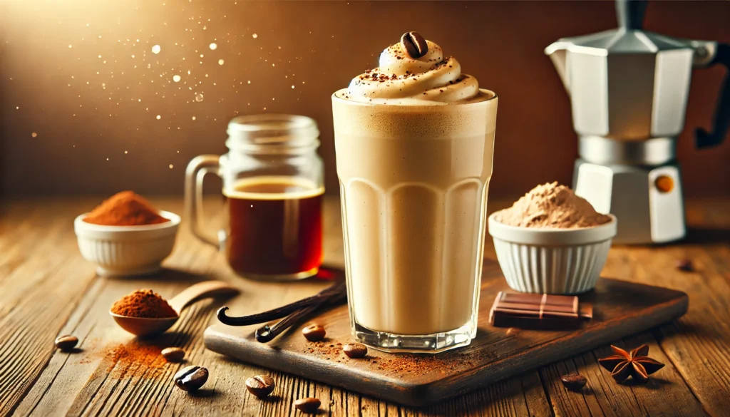 A tall glass of Espresso-Whey Protein Shake with a creamy light brown texture, garnished with a coffee bean and a sprinkle of cocoa powder. Surrounding the smoothie are a small cup of brewed coffee, a scoop of chocolate whey protein, a vanilla pod, and a drizzle of honey on a wooden table, evoking a warm and energizing atmosphere ideal for a pre-workout or recovery boost.