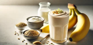 A creamy banana-based smoothie in a clear glass, surrounded by fresh banana, fennel seeds, Greek yogurt, and cinnamon on a bright kitchen counter. A refreshing drink designed to support digestion and reduce bloating.