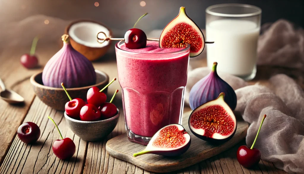 A refreshing fig and tart cherry smoothie in a clear glass, with a vibrant color and a sliced fig garnish. The smoothie sits on a wooden surface with a small bowl of tart cherries, whole figs, and a glass of coconut water, evoking a soft, calming nighttime atmosphere.