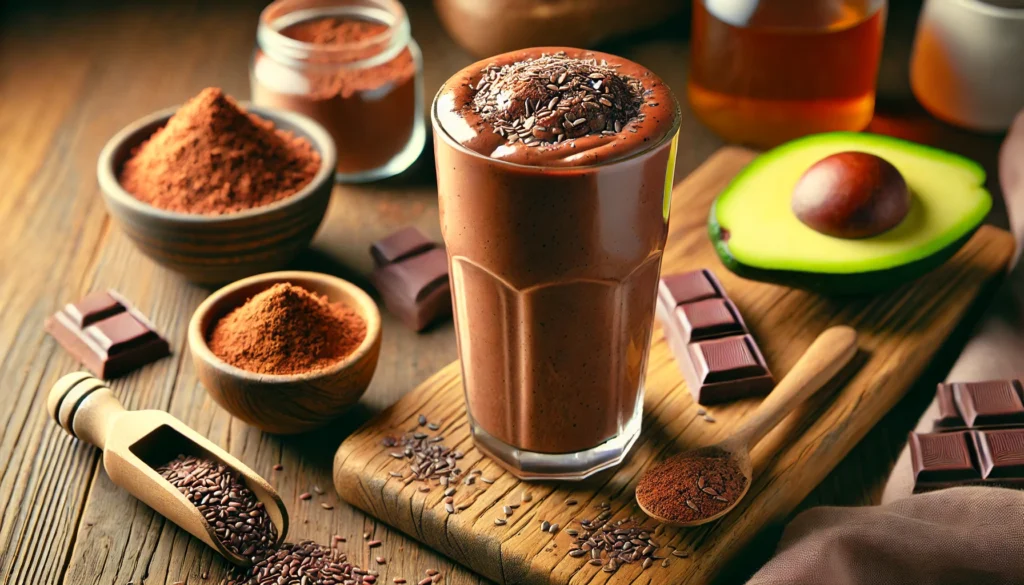 A tall glass of Flaxseed-Cacao Post-Workout Smoothie with a deep brown and creamy texture, garnished with a dusting of cacao powder and a sprinkle of flaxseeds. Surrounding the smoothie are a small bowl of raw cacao powder, half an avocado, a scoop of chocolate protein powder, and a drizzle of honey on a wooden table, creating a warm and indulgent atmosphere ideal for muscle recovery and nourishment.