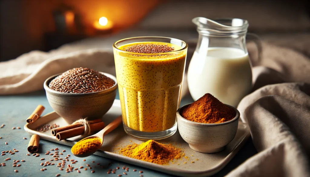 A warm flaxseed-golden milk smoothie in a glass with a rich, golden turmeric hue, surrounded by a small dish of ground flaxseeds, a sprinkle of turmeric and cinnamon, and a cup of almond milk. The tranquil setting with soft, warm lighting enhances relaxation and stress relief.