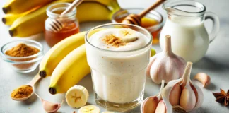 A creamy pale yellow garlic and banana smoothie in a clear glass, surrounded by fresh banana slices, minced garlic, Greek yogurt, honey, and cinnamon on a bright kitchen counter. A gut-friendly drink designed to enhance immune function and support beneficial gut bacteria.