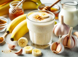 A creamy pale yellow garlic and banana smoothie in a clear glass, surrounded by fresh banana slices, minced garlic, Greek yogurt, honey, and cinnamon on a bright kitchen counter. A gut-friendly drink designed to enhance immune function and support beneficial gut bacteria.