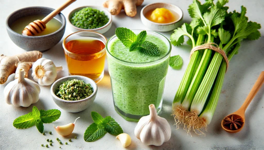 A cool green garlic and mint-infused smoothie in a clear glass, surrounded by fresh mint leaves, minced garlic, brewed chamomile tea, celery stalks, grated ginger, and honey on a clean kitchen counter. A refreshing drink designed to soothe digestion and support gut immunity.
