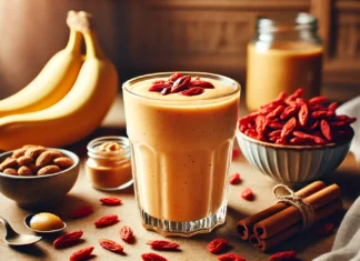 A creamy goji-banana sleep smoothie in a clear glass, surrounded by dried goji berries, a ripe banana, almond butter, and cinnamon sticks. The smoothie has a smooth, light orange-red hue with a velvety texture, set in a softly lit, cozy background for a relaxing, sleep-inducing ambiance.