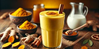 A tall glass of Golden Glow Anti-Inflammatory Smoothie with a creamy golden yellow texture, garnished with a sprinkle of cinnamon and a thin slice of banana. Surrounding the smoothie are fresh turmeric root, a small bowl of honey, a cinnamon stick, and a glass of coconut milk on a wooden table, creating a warm, soothing anti-inflammatory setting.