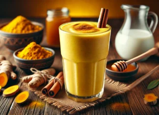 A tall glass of Golden Glow Anti-Inflammatory Smoothie with a creamy golden yellow texture, garnished with a sprinkle of cinnamon and a thin slice of banana. Surrounding the smoothie are fresh turmeric root, a small bowl of honey, a cinnamon stick, and a glass of coconut milk on a wooden table, creating a warm, soothing anti-inflammatory setting.