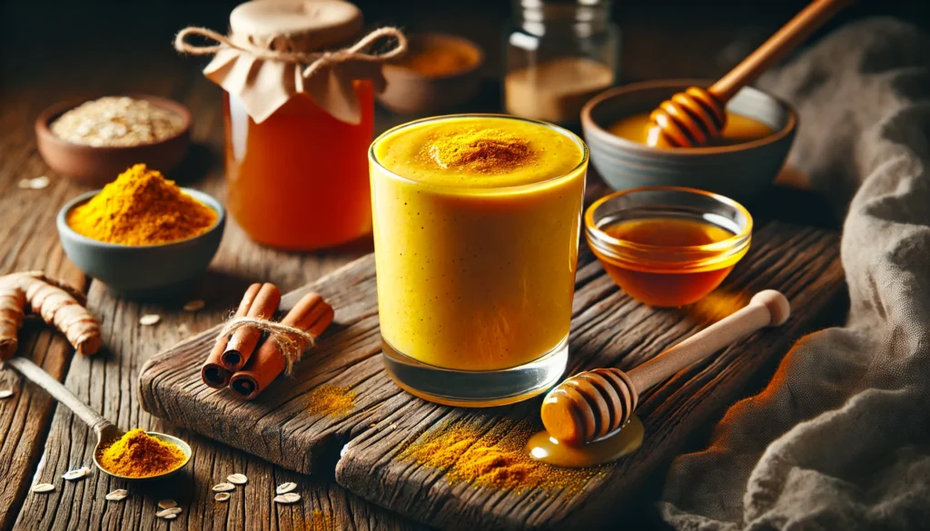 A warm, golden-hued smoothie in a glass, featuring honey, turmeric, and oat milk. The smoothie has a creamy, velvety texture and a deep golden color. It is placed on a rustic wooden table with a sprinkle of cinnamon, a small bowl of turmeric, and a drizzle of honey nearby. The setting has a cozy, soft glow, creating a soothing nighttime ambiance.