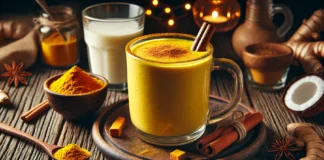 A warm golden turmeric coconut smoothie in a clear glass mug, with a creamy texture and a dusting of cinnamon on top. The smoothie sits on a rustic wooden table with a cinnamon stick, a small bowl of turmeric powder, and a glass of warm coconut milk, creating a cozy, dimly lit nighttime ambiance.