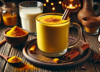 A warm golden turmeric coconut smoothie in a clear glass mug, with a creamy texture and a dusting of cinnamon on top. The smoothie sits on a rustic wooden table with a cinnamon stick, a small bowl of turmeric powder, and a glass of warm coconut milk, creating a cozy, dimly lit nighttime ambiance.