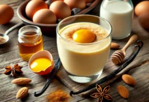A golden vanilla egg yolk smoothie in a clear glass, featuring a creamy, pale yellow texture with a smooth consistency. Garnished with a sprinkle of cinnamon and a drizzle of honey. The background includes a small bowl with raw egg yolks, a vanilla pod, and almond milk in a jar, highlighting gut-nourishing ingredients and a comforting aesthetic.