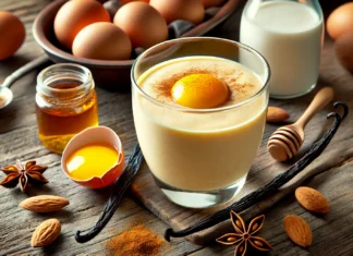 A golden vanilla egg yolk smoothie in a clear glass, featuring a creamy, pale yellow texture with a smooth consistency. Garnished with a sprinkle of cinnamon and a drizzle of honey. The background includes a small bowl with raw egg yolks, a vanilla pod, and almond milk in a jar, highlighting gut-nourishing ingredients and a comforting aesthetic.