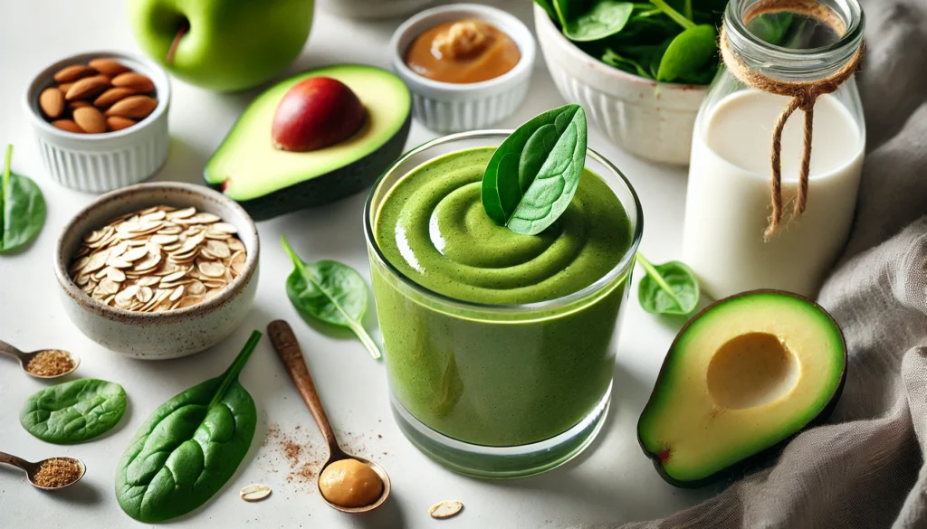 A vibrant green avocado-spinach skin repair smoothie in a glass, garnished with an apple slice, surrounded by avocado, spinach, cucumber, green apple, almond butter, and oat milk on a white countertop.