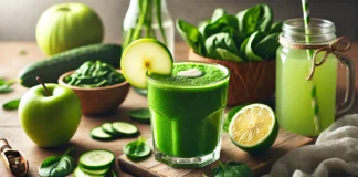 A vibrant green detox smoothie in a clear glass, garnished with a slice of green apple and a drizzle of lemon juice. The smoothie sits on a wooden countertop, surrounded by fresh ingredients including green cabbage, spinach, cucumber, and coconut water, creating a refreshing and gut-healing atmosphere.