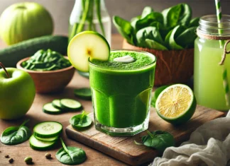 A vibrant green detox smoothie in a clear glass, garnished with a slice of green apple and a drizzle of lemon juice. The smoothie sits on a wooden countertop, surrounded by fresh ingredients including green cabbage, spinach, cucumber, and coconut water, creating a refreshing and gut-healing atmosphere.