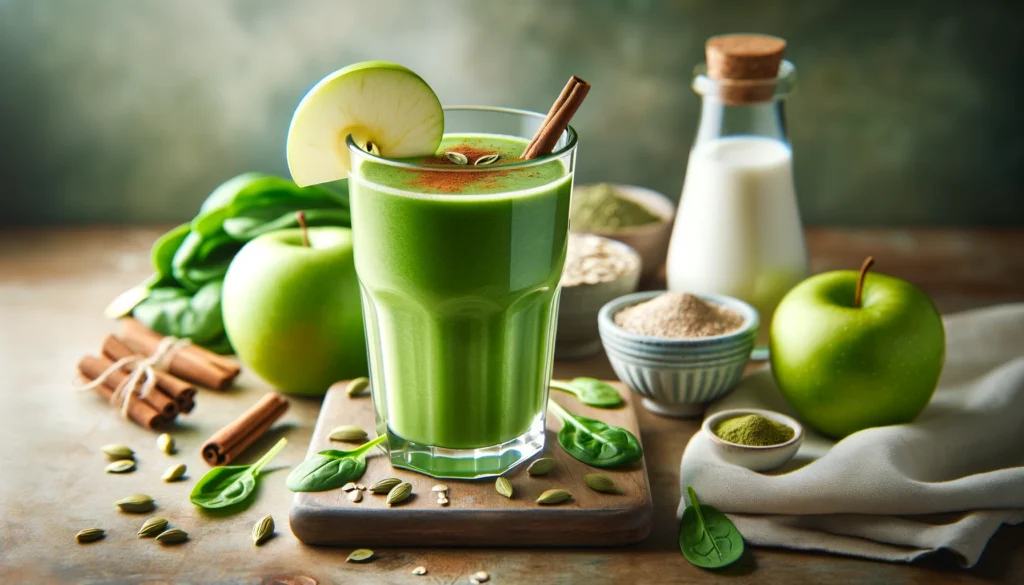 A vibrant green gut-cleansing smoothie in a tall clear glass, topped with a slice of green apple and a sprinkle of cardamom. The smoothie is placed on a wooden countertop, surrounded by fresh spinach, oat milk, lemon, and cinnamon, creating a refreshing and digestion-supporting atmosphere.