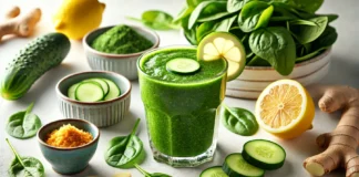 A vibrant green smoothie infused with bone marrow in a clear glass, surrounded by fresh spinach, sliced cucumber, a dish of bone marrow, lemon, and grated ginger on a bright kitchen counter. A detoxifying drink designed to repair and strengthen the gut lining.