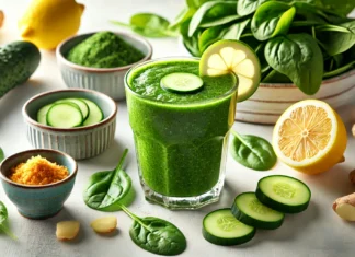 A vibrant green smoothie infused with bone marrow in a clear glass, surrounded by fresh spinach, sliced cucumber, a dish of bone marrow, lemon, and grated ginger on a bright kitchen counter. A detoxifying drink designed to repair and strengthen the gut lining.