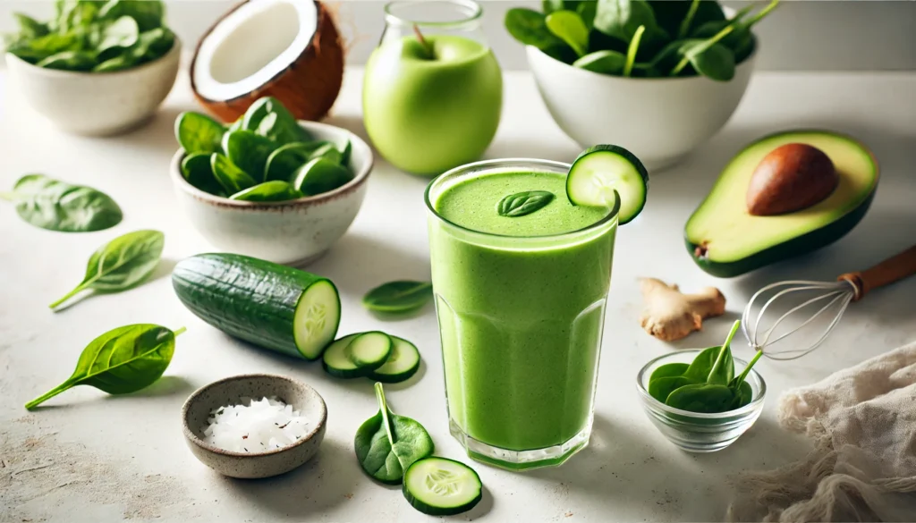 A vibrant green detox coconut smoothie in a tall glass, garnished with a cucumber slice, surrounded by fresh ingredients including coconut water, spinach, green apple, cucumber, avocado, and ginger on a white countertop.