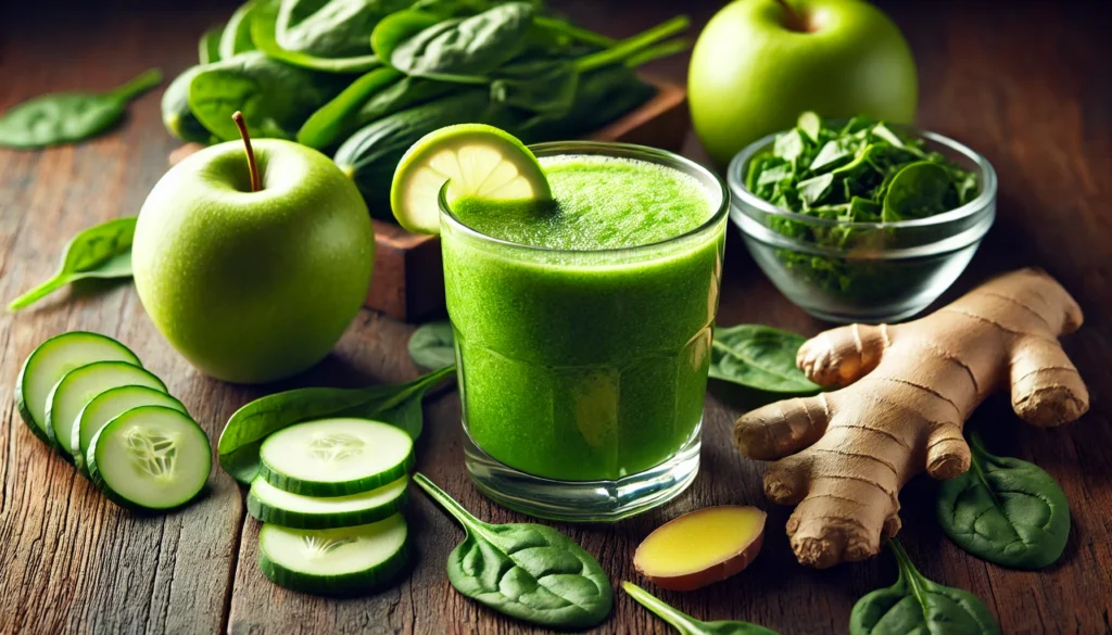 A refreshing green ginger detox smoothie in a clear glass, with a vibrant green hue. The smoothie is surrounded by fresh spinach, a sliced green apple, cucumber slices, a piece of fresh ginger root, and a lemon wedge. The scene is set on a rustic wooden surface with soft natural lighting emphasizing the detoxifying and hydrating ingredients.