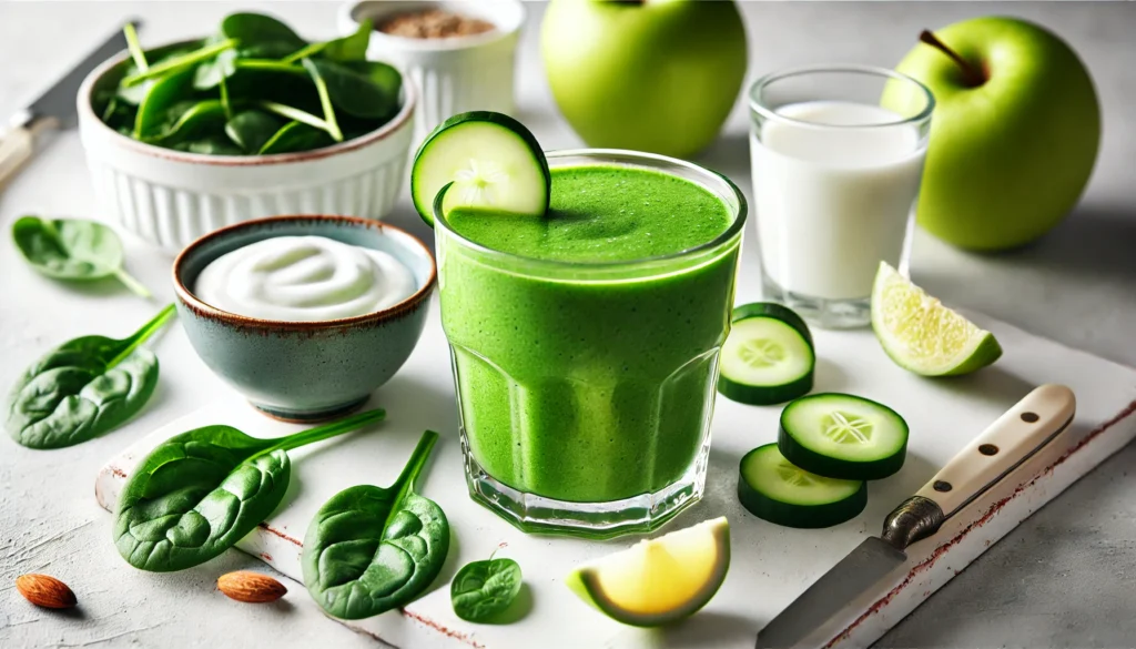 A vibrant green Greek yogurt detox smoothie in a glass, garnished with a cucumber slice, surrounded by fresh ingredients including spinach, green apple, cucumber, Greek yogurt, and almond milk on a white countertop.