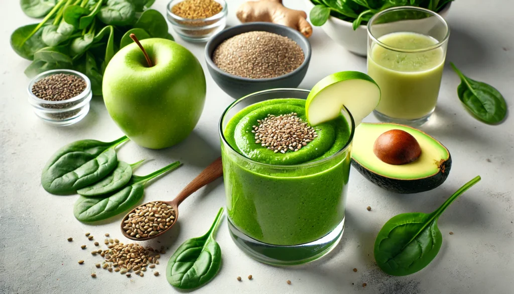 A vibrant green hemp superfood smoothie in a glass, garnished with an apple slice, surrounded by fresh ingredients including hemp seeds, spinach, green apple, avocado, ginger, and coconut water on a white countertop.