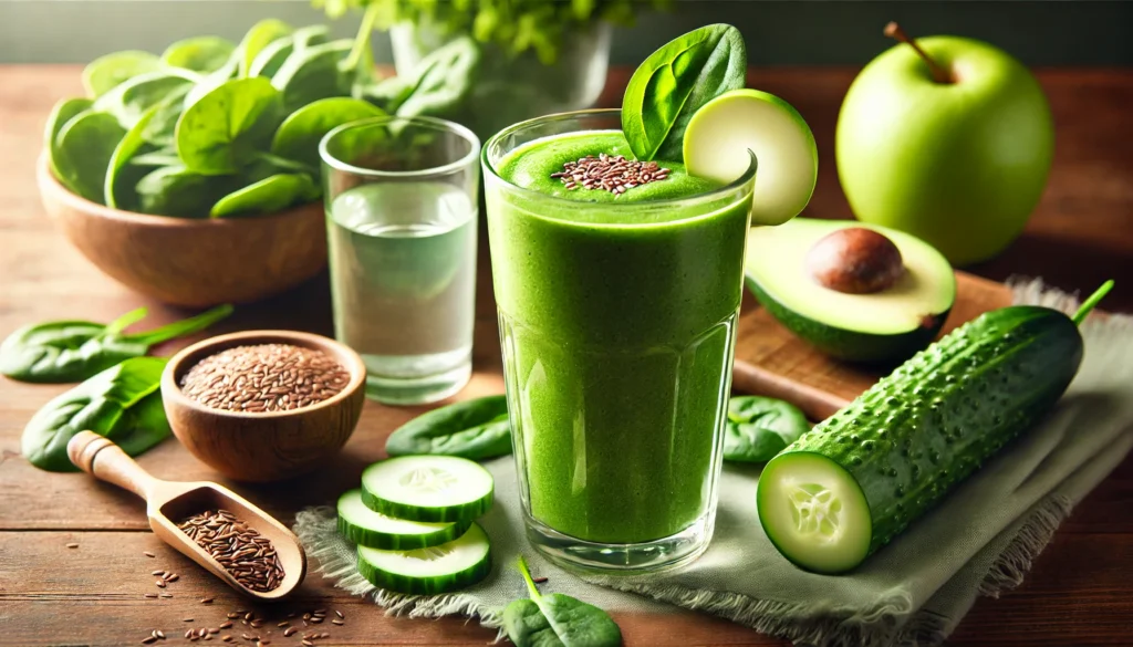 A tall glass of Green Hydration Smoothie with Cucumber and Spinach, featuring a vibrant green hue, topped with a thin apple slice and a sprinkle of flaxseeds. Around the smoothie are fresh spinach leaves, chopped cucumber, a sliced green apple, half an avocado, and a small bowl of coconut water on a wooden table, creating a refreshing and detoxifying ambiance.